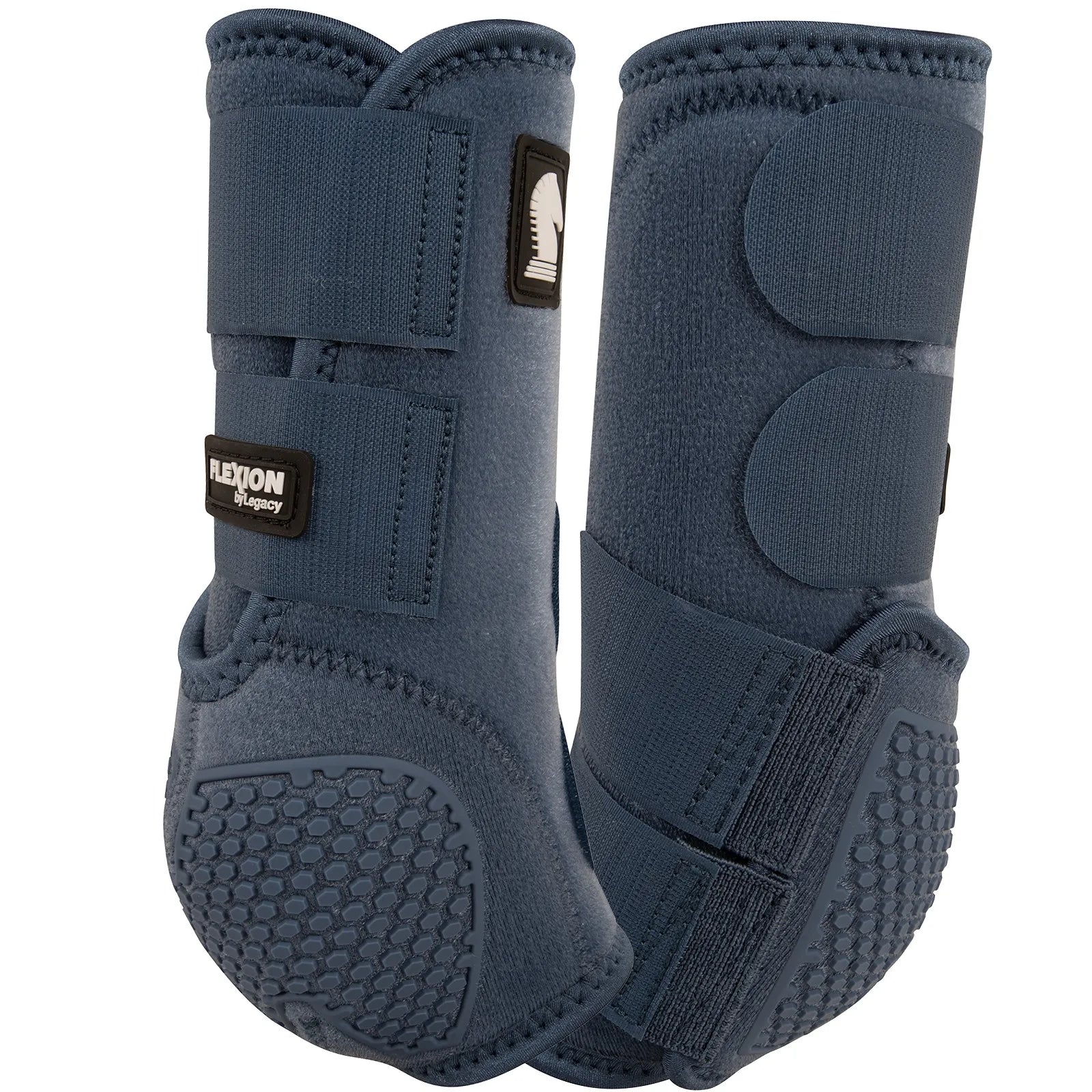 Classic Equine Flexion SMB Sport Boots by Legacy in slate blue, featuring advanced fetlock protection with a honeycomb-textured impact zone. These high-performance horse leg boots offer superior support and shock absorption with secure hook-and-loop closures and breathable neoprene construction. Ideal for barrel racing or daily training, providing the ultimate combination of flexibility and safety for your equine athlete's legs.