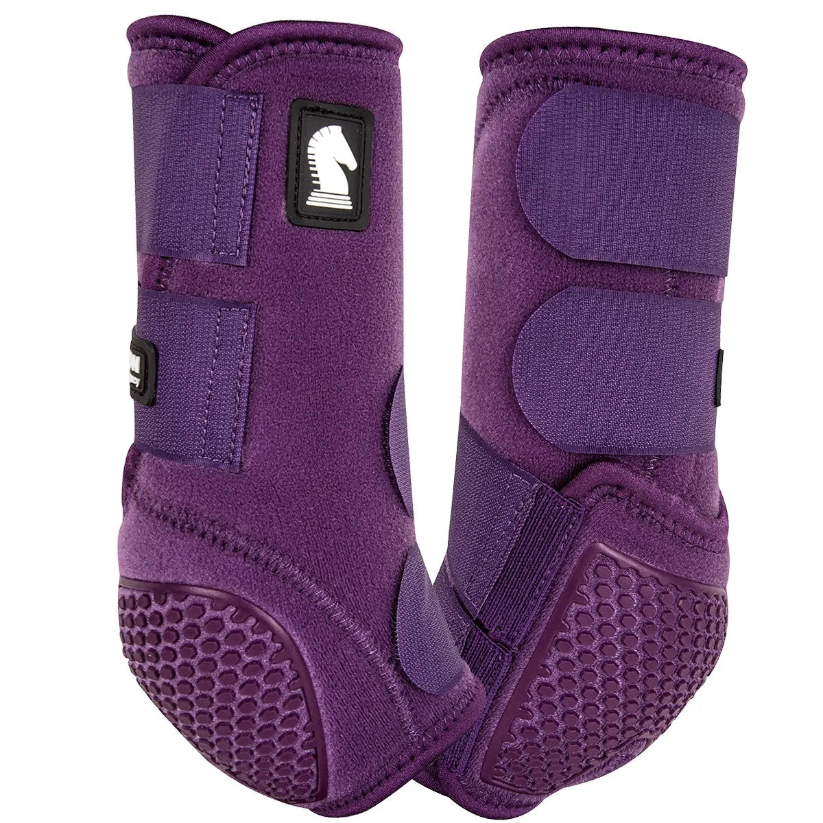 Pair of vibrant purple Classic Equine Flexion SMB Sport Boots by Legacy featuring advanced shock-absorbing honeycomb fetlock protection. These flexible neoprene horse boots include secure triple hook-and-loop closures for ultimate leg support and impact resistance. High-performance equine protective gear designed for superior durability and comfort during training, competition, or trail riding.