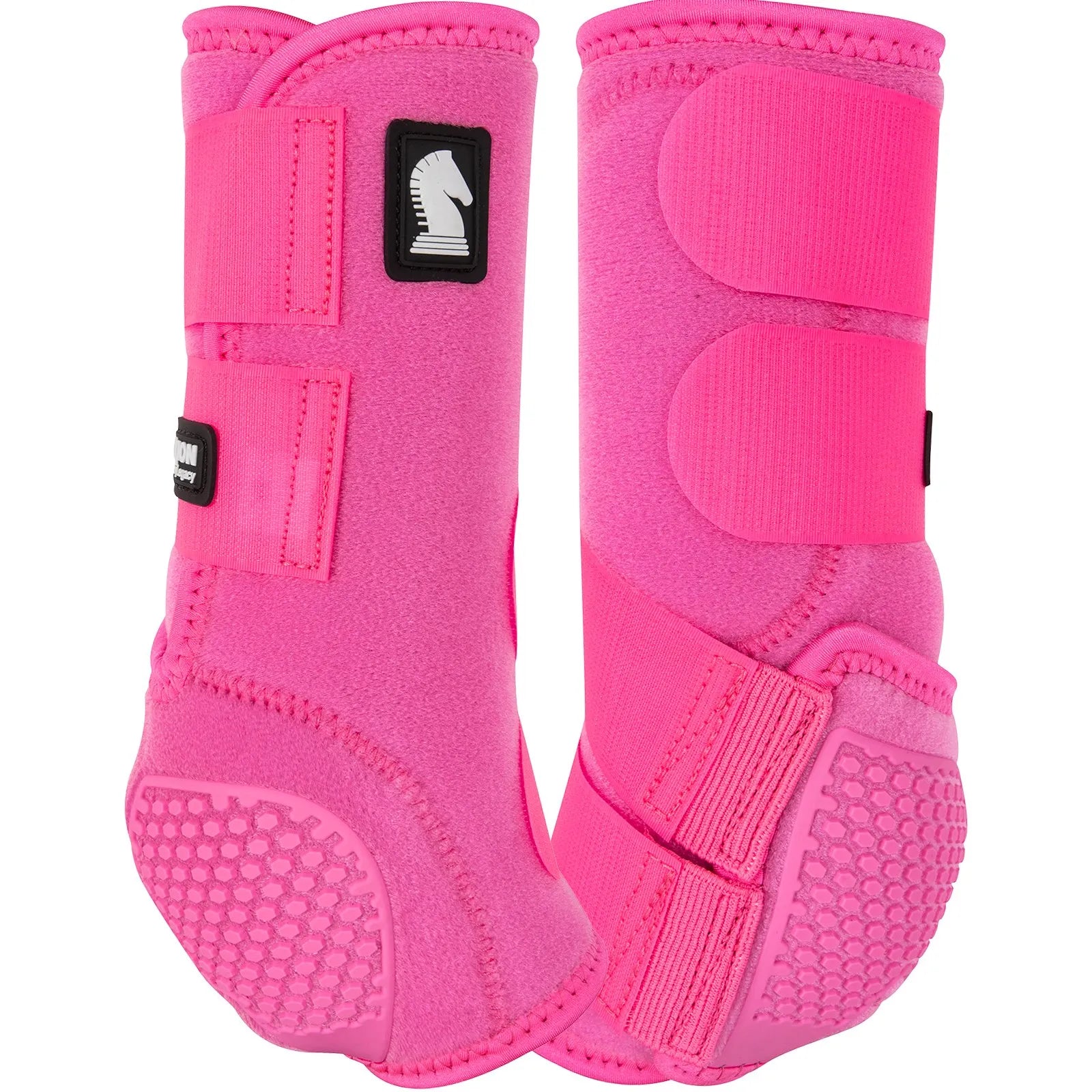 Classic Equine Flexion SMB Sport Boots in bright hot pink, featuring a pair of Legacy horse leg protectors. The design showcases durable neon pink neoprene with secure hook-and-loop straps and a reinforced honeycomb-textured fetlock patch for ultimate impact protection. These high-performance equestrian sports medicine boots offer style and support for performance horses, shown from both front and side views with the signature horse head logo.