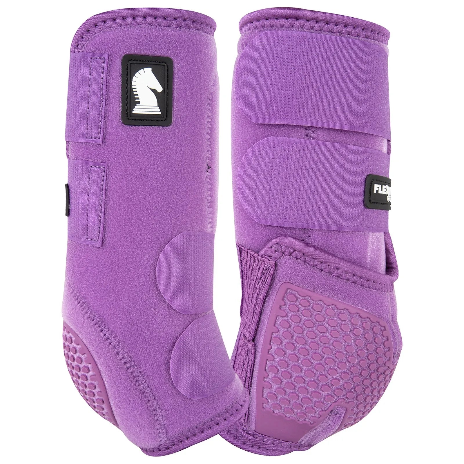 Classic Equine Flexion SMB Sport Boots by Legacy in vibrant purple. These high-performance horse boots feature a textured, impact-resistant strike plate and a reinforced suspensory sling for ultimate fetlock support. Designed for durability and safety, these purple equine sport boots provide a secure fit with adjustable straps, perfect for competition or training. Stylish and protective gear for any equestrian looking for top-tier horse leg protection.