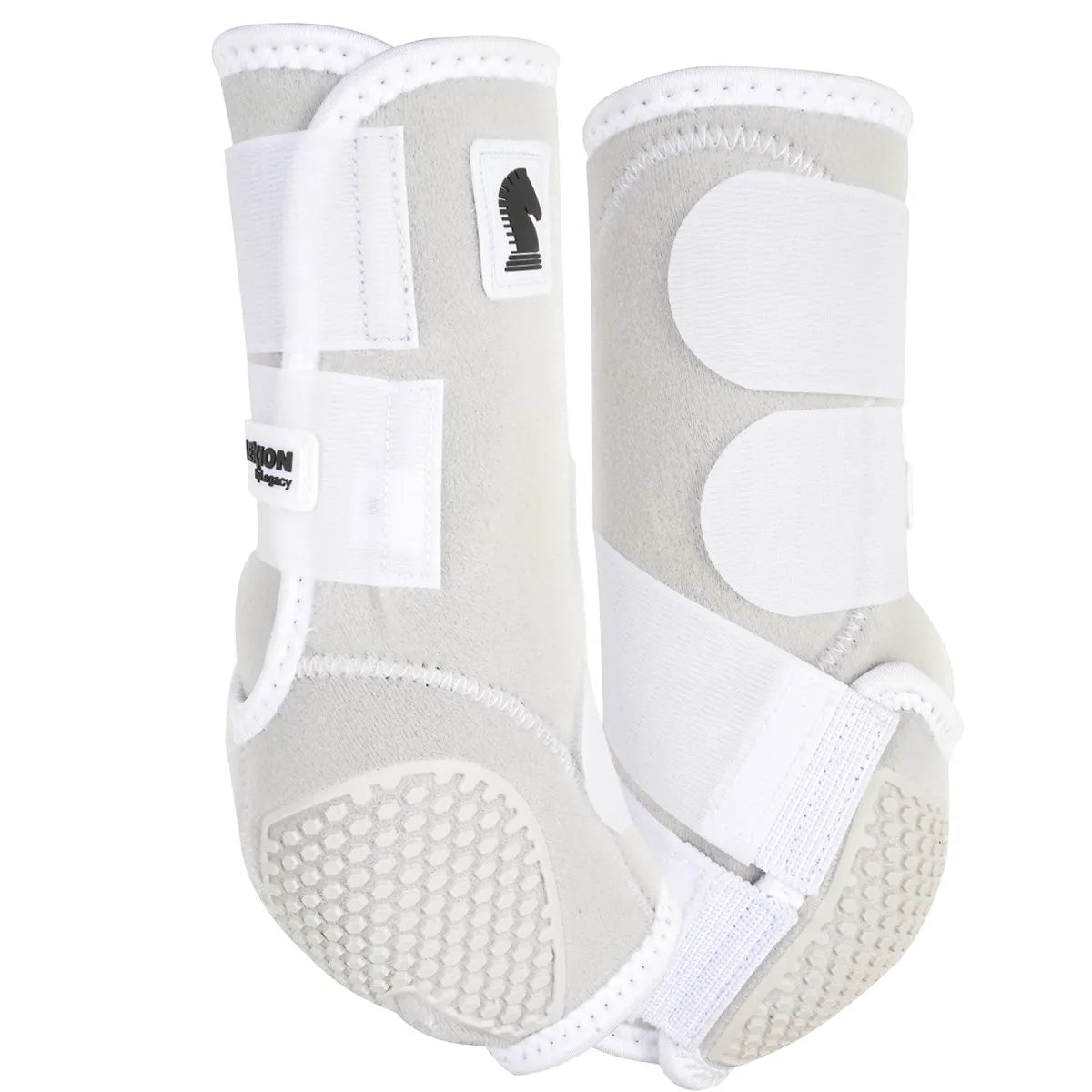 Classic Equine Flexion SMB Sport Boots by Legacy in white. These high-performance horse leg boots feature a textured flexion patch for superior fetlock protection and shock absorption. Designed with breathable material and secure hook-and-loop straps, they offer ultimate support for performance horses. Durable equestrian gear ideal for jumping, reining, or trail riding.