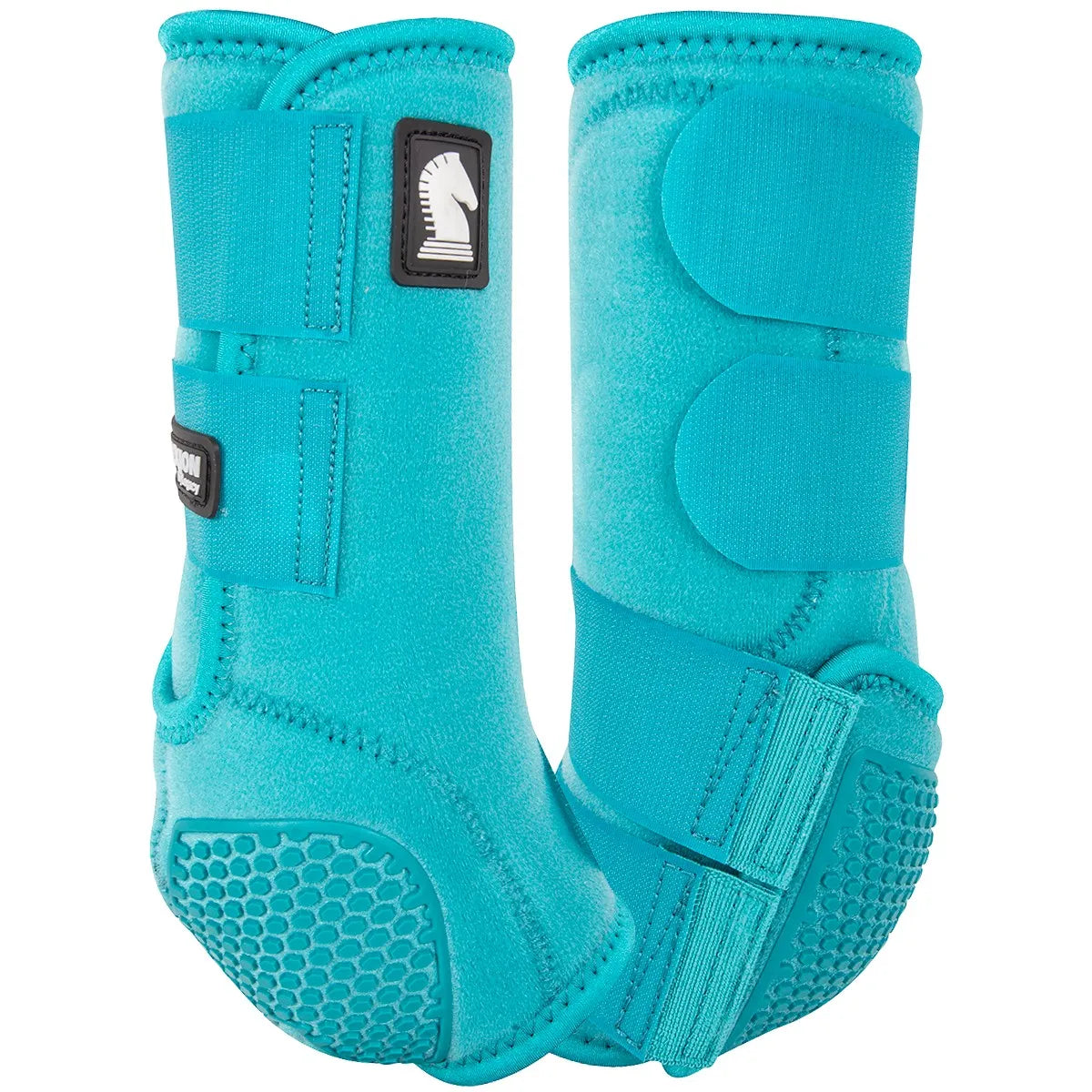 Classic Equine Flexion SMB Sport Boots by Legacy in vibrant turquoise. These high-performance horse leg protection boots feature secure hook-and-loop straps and an innovative honeycomb-patterned fetlock cradle for maximum impact protection. Designed for athletic support and flexibility, these durable sport medicine boots are ideal for equestrian training and competition, providing ultimate comfort and style for your horse.