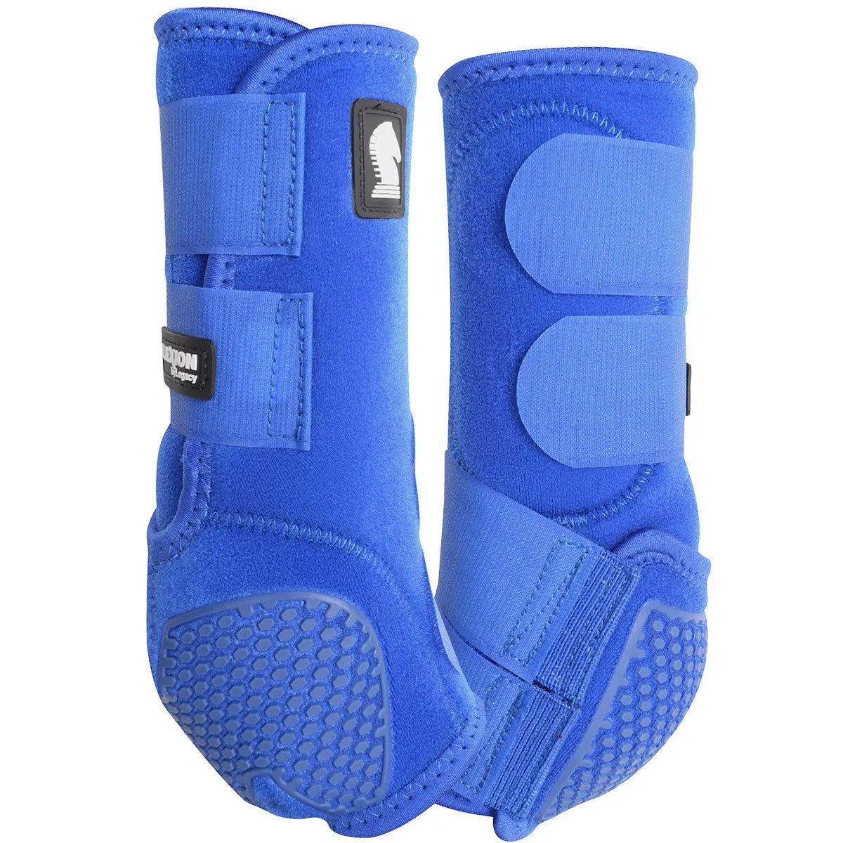 Classic Equine Flexion SMB Sport Boots by Legacy in royal blue, featuring reinforced honeycomb-textured fetlock pads for superior shock absorption. These ergonomic horse boots provide ultimate leg protection and tendon support with secure hook-and-loop straps. Ideal for performance horses, barrel racing, and jumping, these high-quality equestrian boots ensure safety and durability in a vibrant, stylish blue.