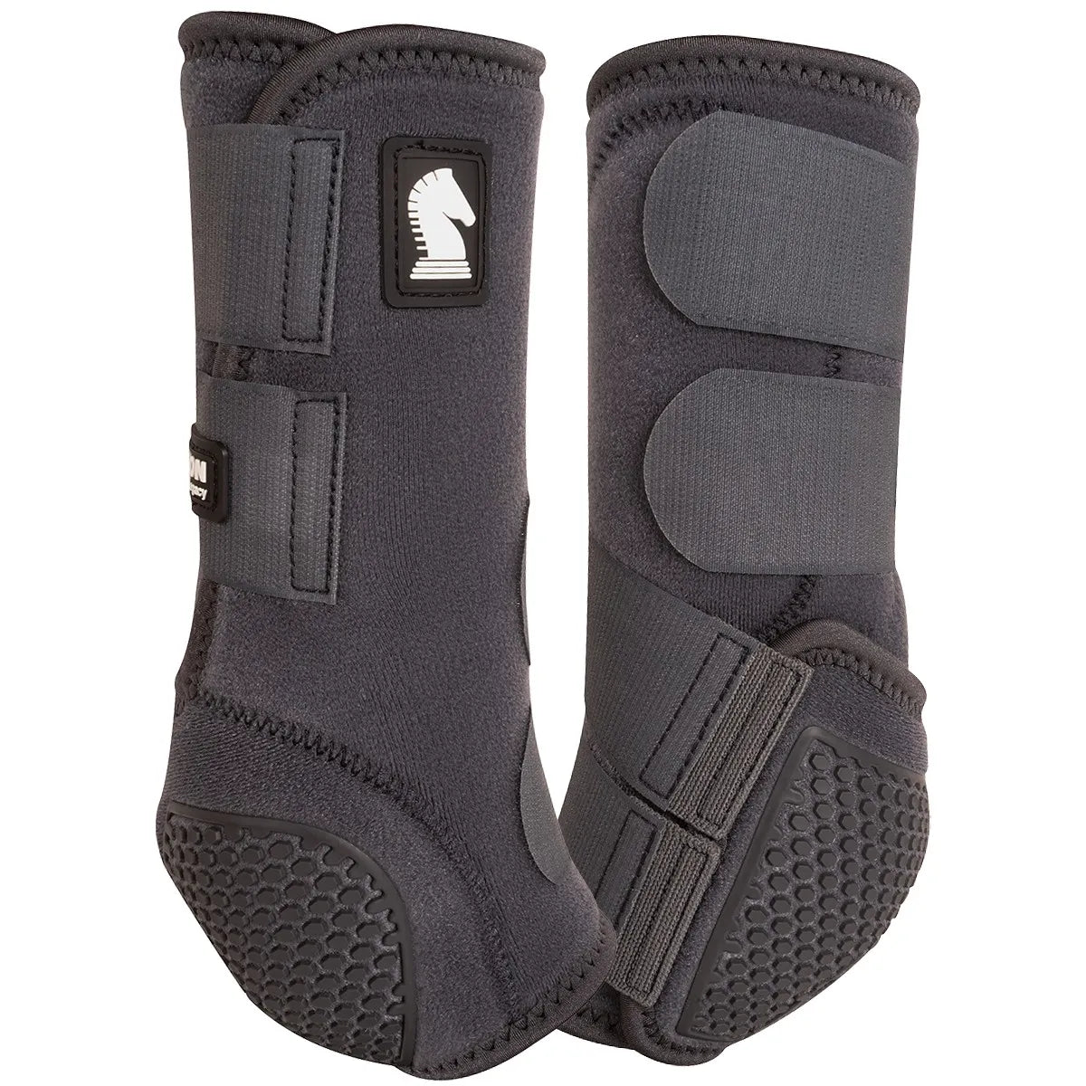 Classic Equine Flexion SMB Sport Boots by Legacy in charcoal gray. These high-performance horse leg protection boots feature reinforced honeycomb impact pads, durable breathable material, and secure multi-strap hook-and-loop closures. Designed for ultimate fetlock support and impact protection during equestrian training, performance, and competition. Professional-grade horse protective gear for comfort and safety.