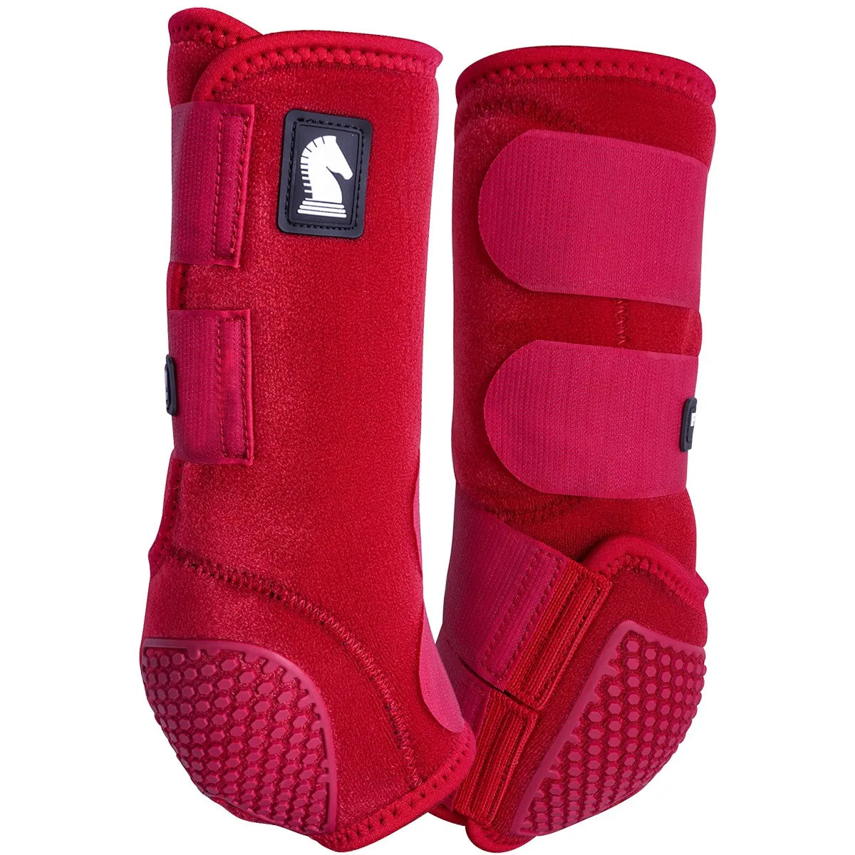 Classic Equine Flexion SMB Sport Boots by Legacy in vibrant red, featuring ultimate horse leg protection. These sports medicine boots showcase durable hook-and-loop straps and reinforced honeycomb-textured strike pads for impact resistance at the fetlock. Designed for athletic performance and support, the boots feature the iconic horse head logo. Ideal for equestrians looking for high-quality, stylish, and functional protective horse gear.