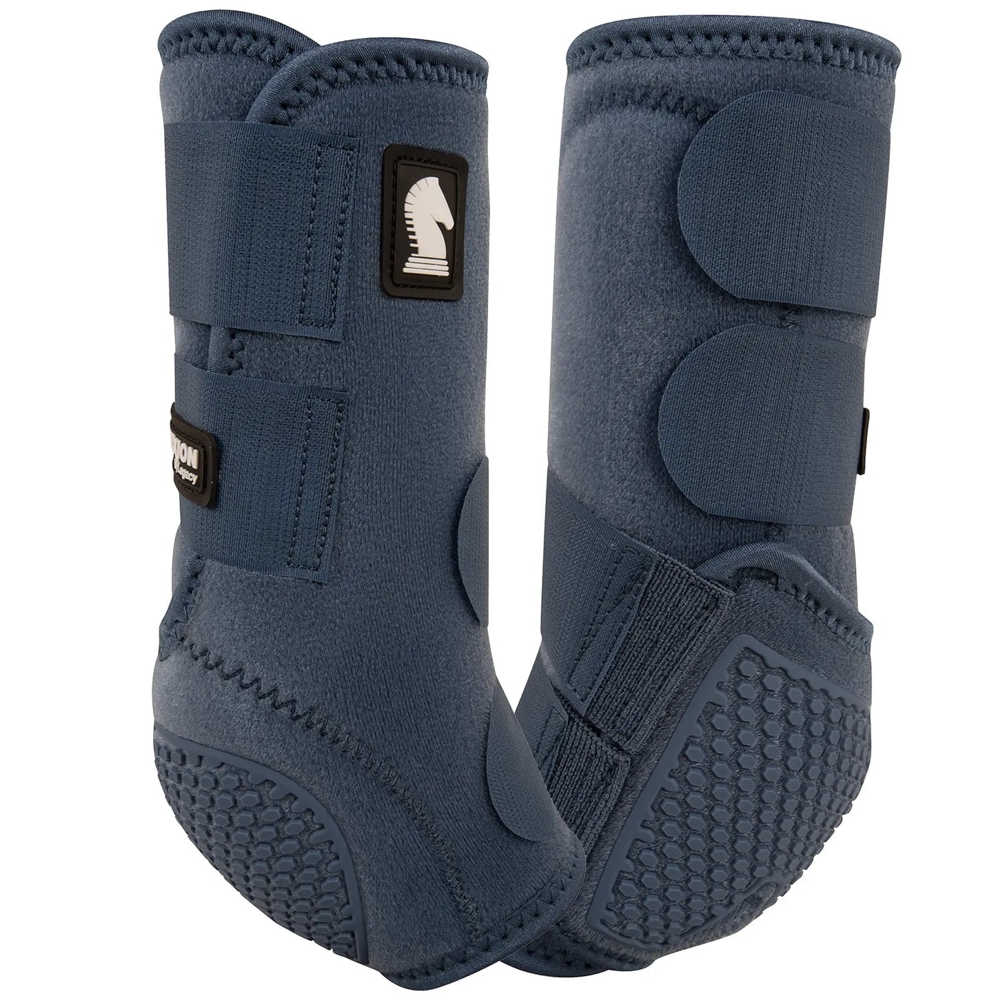 Slate blue Classic Equine Flexion SMB Sport Boots by Legacy, designed for ultimate horse leg protection. These durable equine boots feature a contoured fit with multi-strap Velcro closures and a unique hexagonal-patterned fetlock shield for maximum shock absorption. Providing high-performance support, these breathable sports medicine boots protect ligaments and joints during intense activities like barrel racing or jumping. Professional-grade equestrian gear in a sleek finish.