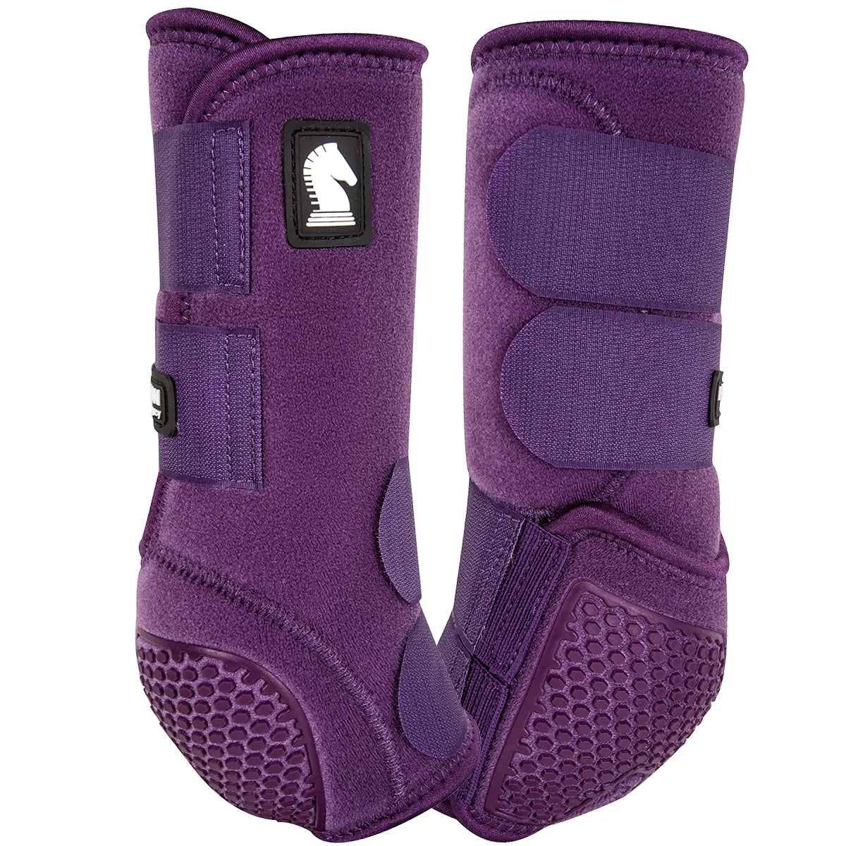 Classic Equine Flexion SMB Sport Boots by Legacy in vibrant plum purple. These high-performance horse leg protection boots feature durable hook-and-loop closures and a reinforced honeycomb impact zone for maximum support and shock absorption. Stylish and functional, these equestrian sport boots provide ultimate injury prevention for performance horses during training or competition.