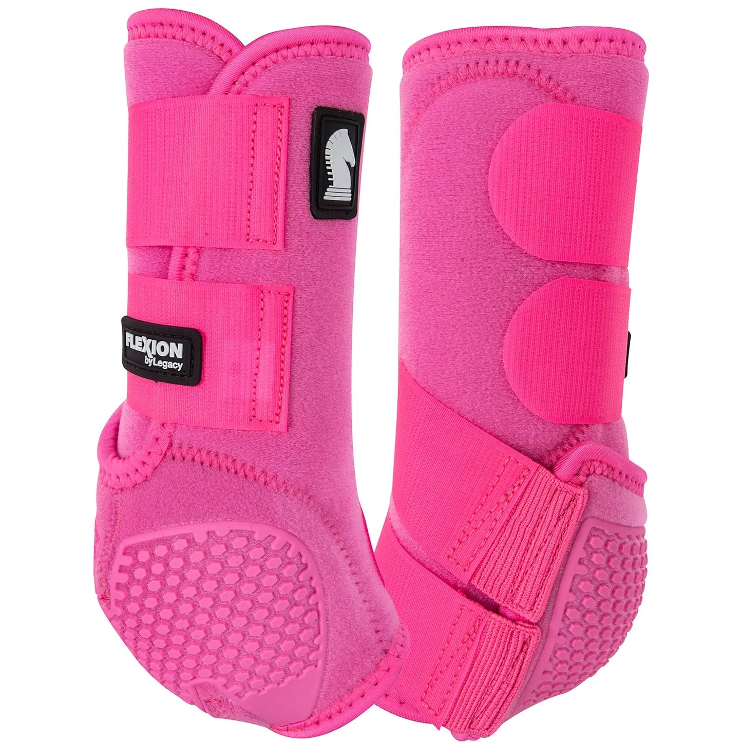 Classic Equine Flexion SMB Sport Boots by Legacy in vibrant pink. These protective horse boots feature high-quality velcro straps and a reinforced honeycomb fetlock cradle for ultimate support and impact absorption. Perfect for equestrian performance, these neon pink sports medicine boots offer durable horse leg protection and style. Ideal for barrel racing, jumping, or daily exercise.