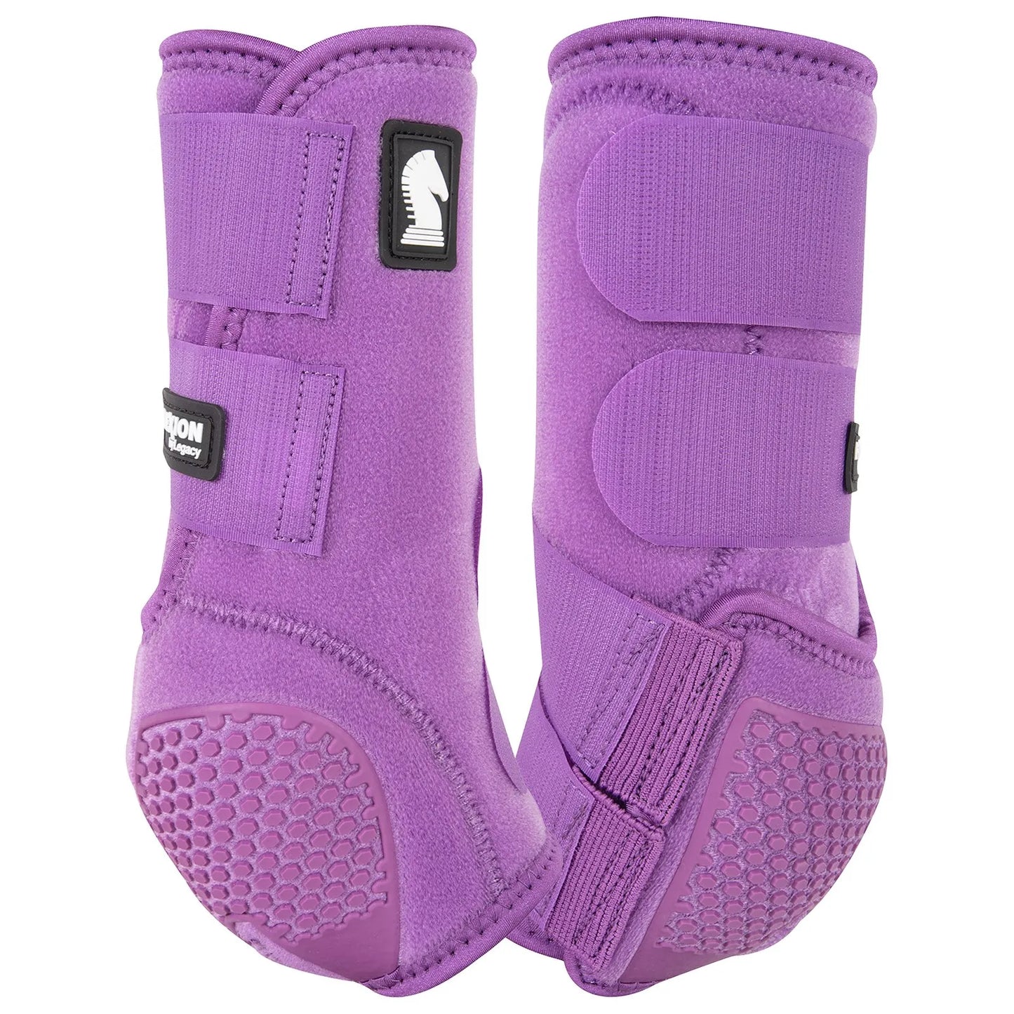 Vibrant purple Classic Equine Flexion SMB Sport Boots by Legacy designed for ultimate horse leg protection. These durable equestrian boots feature reinforced textured strike pads, secure hook-and-loop straps, and flexible fetlock support. Perfect for performance horses, these stylish lavender sport medicine boots provide high-impact protection and a comfortable fit. Must-have gear for barrel racing, jumping, and daily training.