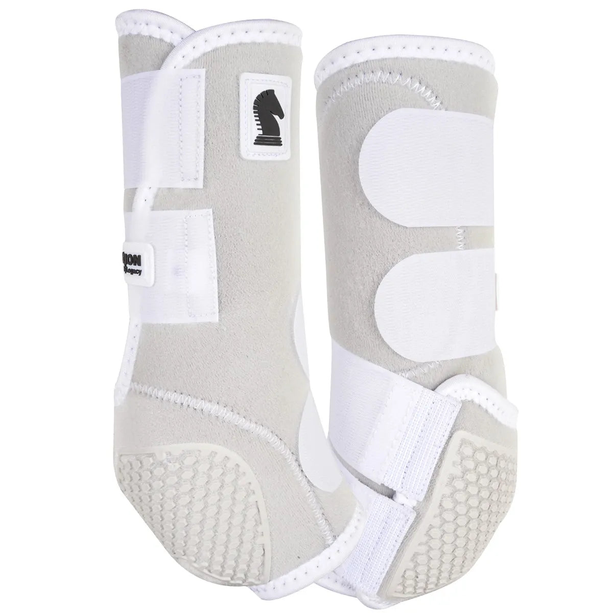 Classic Equine Flexion SMB Sport Boots in light grey and white, featuring a secure hook-and-loop closure and Legacy’s signature cradle system for ultimate horse leg protection. These protective horse boots showcase a durable, textured strike plate and ergonomic design to safeguard the fetlock and tendons during performance. Ideal for equine athletes, these stylish and functional sport boots offer superior impact absorption and support for every ride.