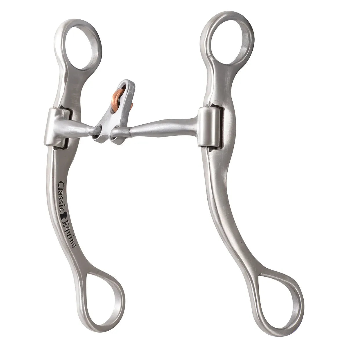 Classic Equine Floating Spade Bit in polished stainless steel, featuring a jointed mouthpiece with a central copper-wrapped roller. This western curb bit includes curved swivel shanks and purchase rings, designed to provide gentle palate pressure for improved horse communication. A versatile training bit for western performance horses, finished with the Classic Equine logo engraved on the shank.