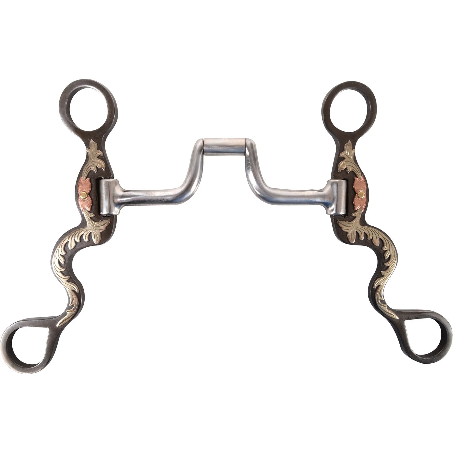 Classic Equine Floral Scroll Correction Bit featuring 8-inch decorative cavalry shanks with intricate silver floral scrollwork and copper flower accents. The stainless steel mouthpiece includes a correction port with rollers, offering precise control and communication for western riders. This high-quality horse bit combines elegant equestrian style with professional functionality, making it a standout piece of horse tack for training and performance.
