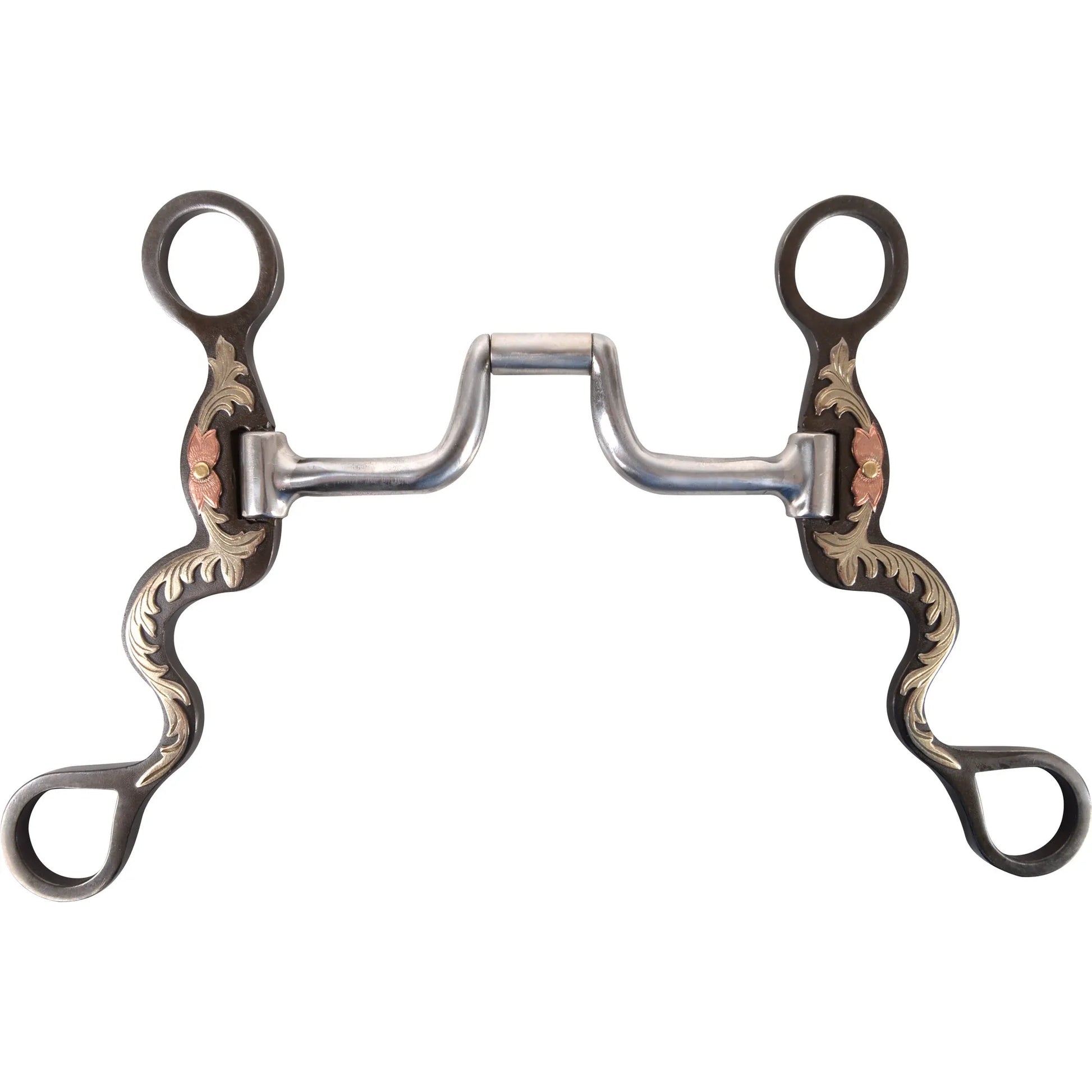 Classic Equine Floral Scroll Correction Bit featuring 8-inch decorative cavalry shanks with intricate silver floral scrollwork and copper flower accents. The stainless steel mouthpiece includes a correction port with rollers, offering precise control and communication for western riders. This high-quality horse bit combines elegant equestrian style with professional functionality, making it a standout piece of horse tack for training and performance.