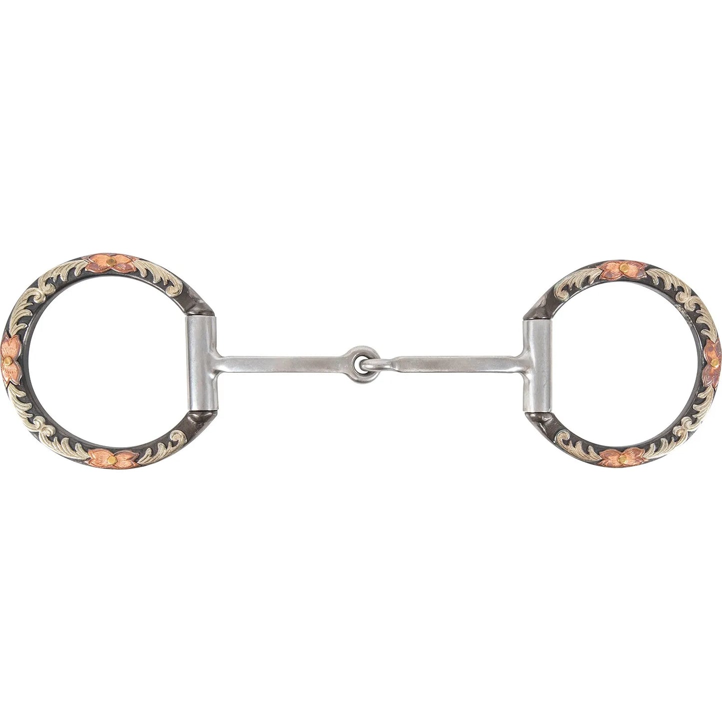Classic Equine Floral Scroll D-Ring Bit featuring a single-jointed silver mouthpiece and decorative D-rings. The dark metal rings are beautifully accented with intricate silver scrollwork and copper floral designs, making it a stylish and functional piece of Western horse tack. Ideal for clear horse communication, this ornate D-ring snaffle bit combines durability with eye-catching craftsmanship for training or competition.