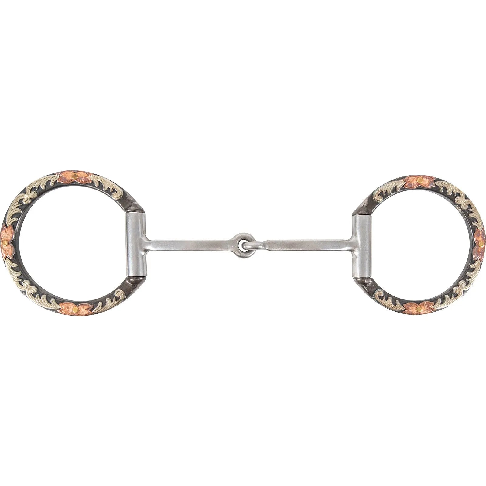 Classic Equine Floral Scroll D-Ring Bit featuring a single-jointed silver mouthpiece and decorative D-rings. The dark metal rings are beautifully accented with intricate silver scrollwork and copper floral designs, making it a stylish and functional piece of Western horse tack. Ideal for clear horse communication, this ornate D-ring snaffle bit combines durability with eye-catching craftsmanship for training or competition.