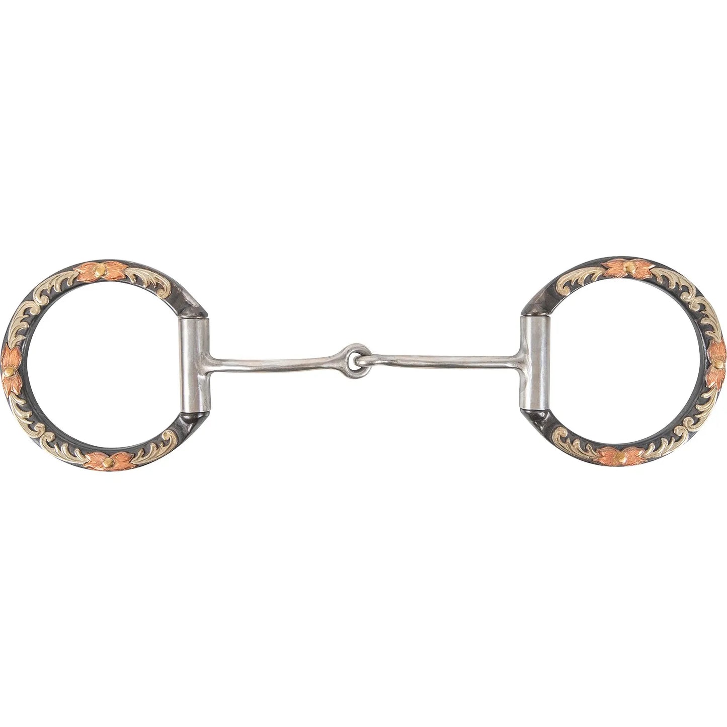 Classic Equine Floral Scroll D-Ring Bit featuring a thin smooth bar snaffle mouthpiece with a single joint. The decorative D-rings showcase intricate silver floral scrollwork and copper flower accents on a dark antiqued background. This elegant western bit combines performance with style, making it a perfect addition to show or training horse tack. High-quality stainless steel construction with beautiful hand-engraved details for a standout appearance.