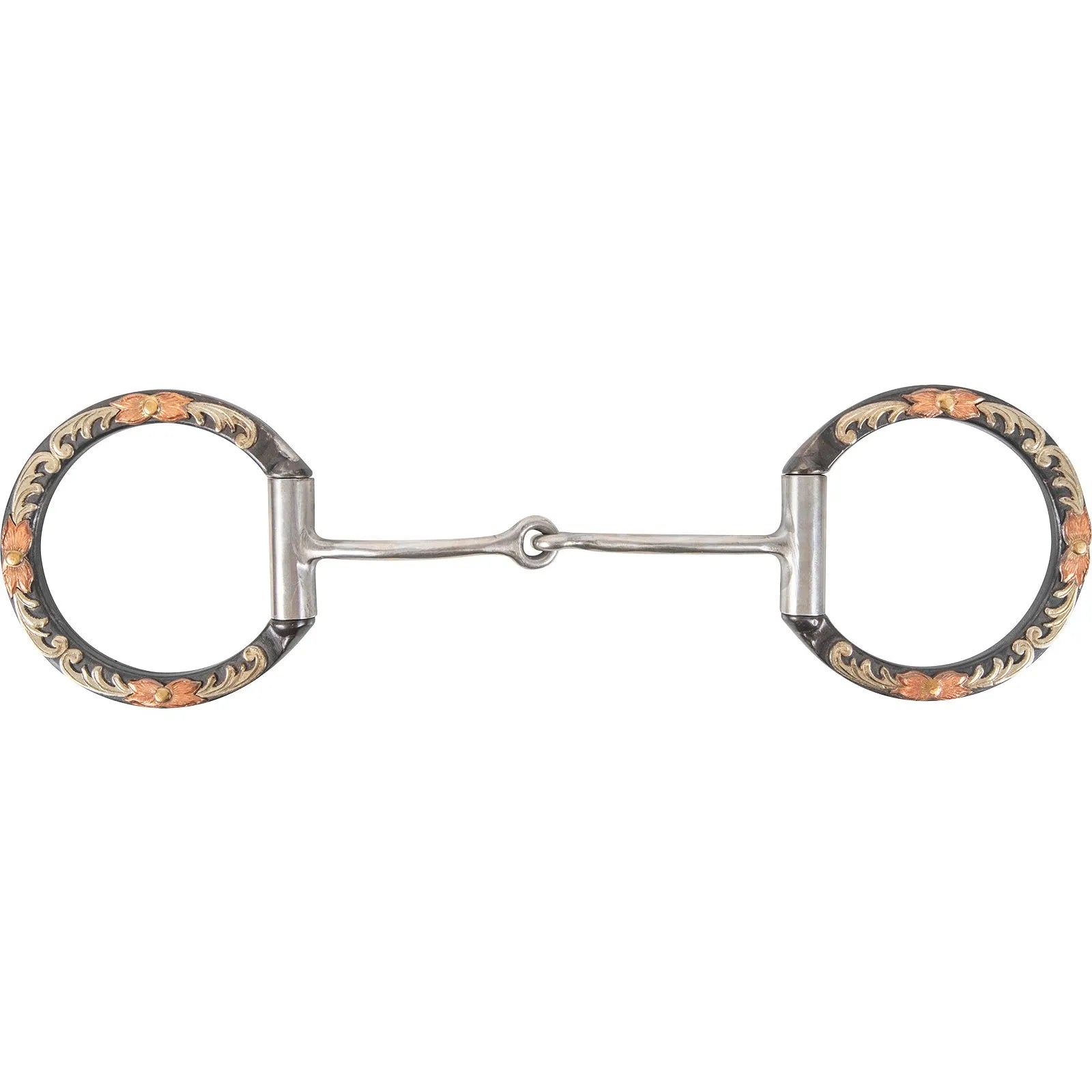 Classic Equine Floral Scroll D-Ring Bit featuring a thin smooth bar snaffle mouthpiece with a single joint. The decorative D-rings showcase intricate silver floral scrollwork and copper flower accents on a dark antiqued background. This elegant western bit combines performance with style, making it a perfect addition to show or training horse tack. High-quality stainless steel construction with beautiful hand-engraved details for a standout appearance.