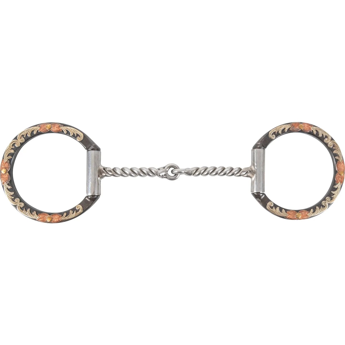 Classic Equine Floral Scroll D-Ring Bit featuring a silver two-piece twisted wire mouthpiece designed for sensitive horse training. The elegant D-ring cheekpieces are crafted from dark steel, accented with intricate silver and copper floral scroll engravings. A stylish and functional western equestrian bit perfect for training or showing, combining durability with a refined aesthetic for horse enthusiasts.