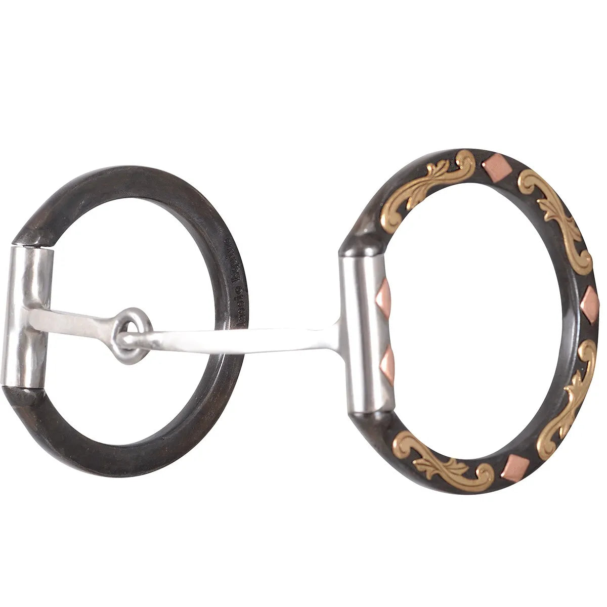 Classic Equine Floral Scroll Straight Shank Bit featuring a single jointed stainless steel mouthpiece and decorative blackened steel rings. The ornate cheekpieces are adorned with elegant gold floral scrollwork and rose gold copper diamond accents. Designed for gentle control and sophisticated style, this western horse bit is perfect for performance, training, and adding a touch of flair to your equestrian tack collection.