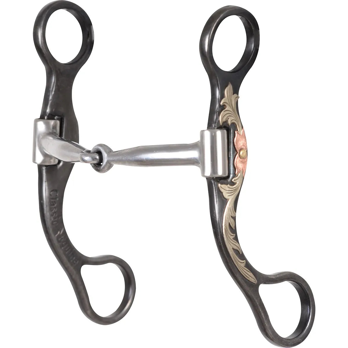 Classic Equine Floral Scroll Straight Shank Bit featuring dark steel shanks with intricate silver floral engraving and a centerpiece copper flower. This Western horse bit includes a smooth jointed snaffle mouthpiece for gentle control and clear communication. Stylish and functional performance horse tack with the Classic Equine logo, perfect for Western pleasure, trail riding, or training. Enhance your equestrian gear with this elegantly crafted bit.