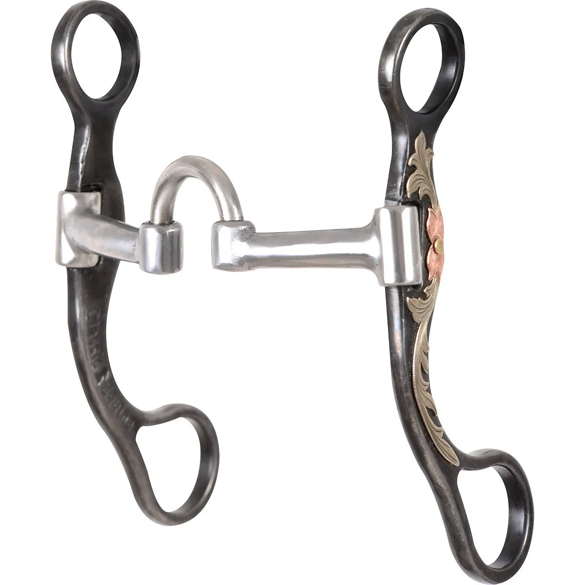 Classic Equine Floral Scroll Straight Shank Bit featuring elegant silver and copper engraved floral details on dark steel shanks. This western horse bit includes a stainless steel mouthpiece with a high port for gentle control and clear communication. Perfect for training or showing, this stylish horse tack is a must-have for western riders looking for quality and aesthetic appeal.