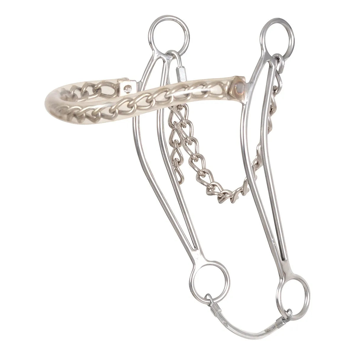 Classic Equine Goosetree Hackamore for effective horse training. This silver-toned western hackamore features a flexible chain noseband encased in protective clear plastic tubing. Designed with long shanks for balanced leverage and includes a matching metal curb chain. A high-quality bitless bridle alternative for western riders, perfect for refining communication and control during training sessions.