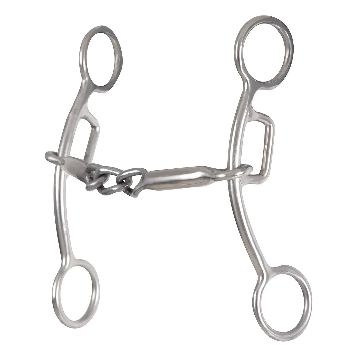 Classic Equine Goosetree Mouthpiece Bit in polished stainless steel. This western leverage bit features a three-piece jointed mouthpiece with a central link for precise control and independent side action. Designed with curved shanks, top headstall loops, and bottom rein rings, it’s an ideal horse bit for better communication and performance. Perfect for barrel racing or refining training for western riding enthusiasts.