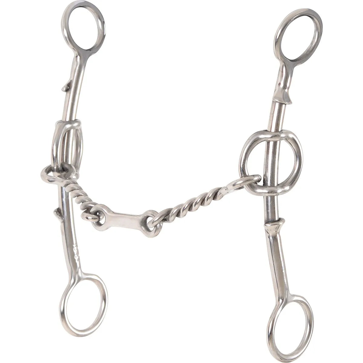 Classic Equine Goosetree Mouthpiece Bit in polished stainless steel. This western gag bit features long sliding shanks and a three-piece twisted wire dogbone mouthpiece with a small flat center link. Designed to enhance horse control and responsiveness, this durable equestrian tool is perfect for performance training and precision riding. Elegant silver finish for a professional look in the arena.