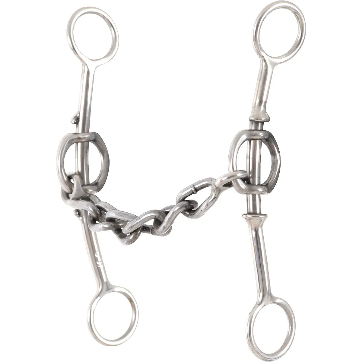 Classic Equine Goosetree Mouthpiece Bit featuring a heavy-duty stainless steel chain mouthpiece for enhanced horse control and communication. This professional silver equestrian curb bit includes long sliding shanks with precision rings for headstall and rein attachment. Durable and effective for Western training, performance, and improving flexion, this bit is a top choice for riders seeking quality horse tack and improved responsiveness.