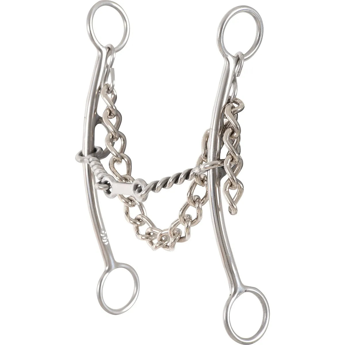 Classic Equine Goosetree Mouthpiece Bit in polished silver stainless steel. This high-performance western horse bit features curved shanks and a twisted wire mouthpiece designed to enhance control and communication. Complete with a durable curb chain, this leverage bit is ideal for horse training, western performance, and refining steering. Perfect for riders seeking precision and a professional look in the show ring.
