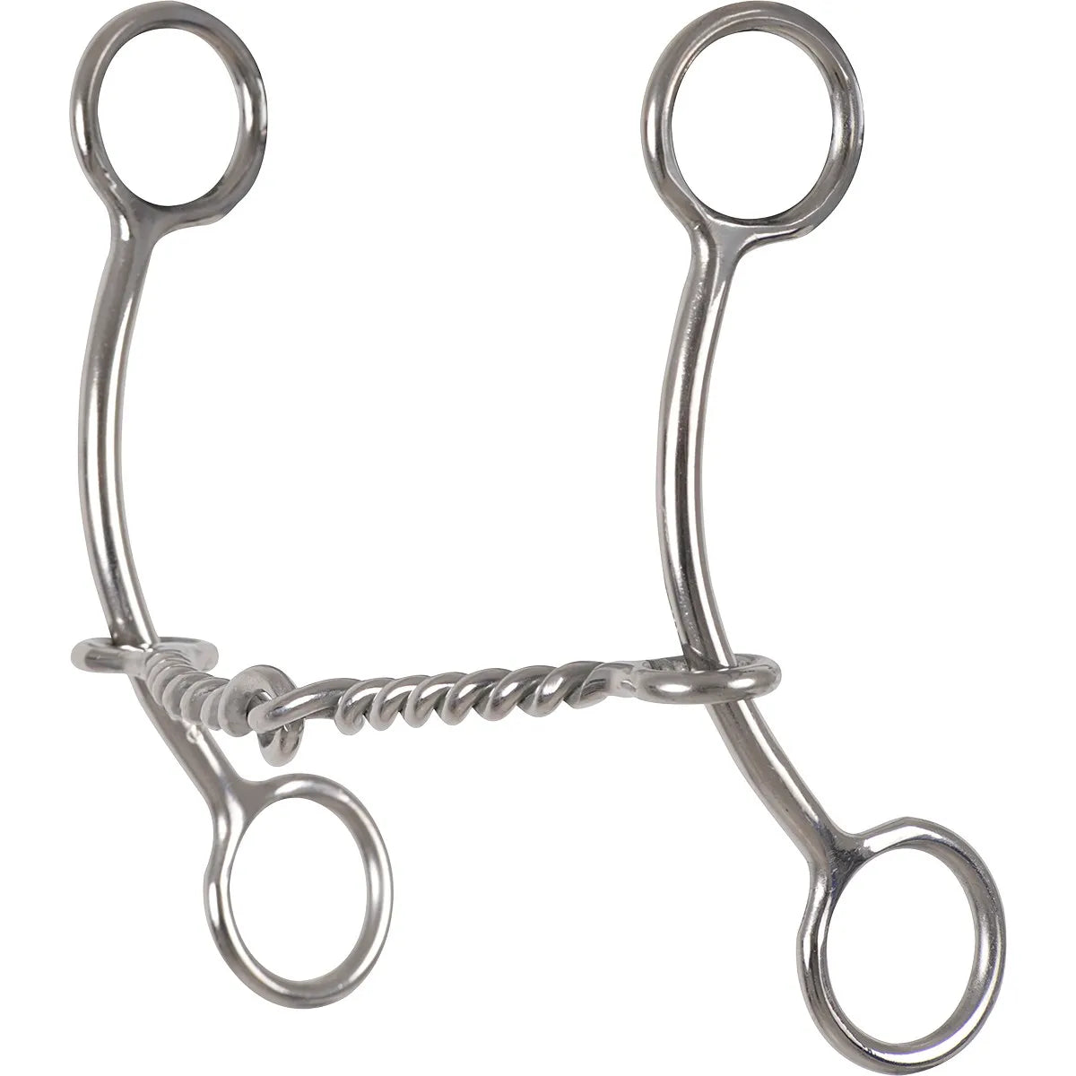 Classic Equine Goosetree western shank bit with a single-jointed twisted wire mouthpiece for refined horse control. This polished silver stainless steel bit features signature curved shanks and a four-ring design for secure headstall and rein attachment. Ideal for barrel racing and performance training, this high-quality horse bit enhances communication and responsiveness for competitive riders.