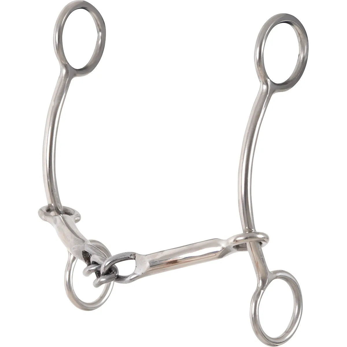 Classic Equine Goosetree Mouthpiece Bit made of polished silver stainless steel. Featuring curved shanks and a three-piece jointed dog bone mouthpiece with center rings for enhanced horse control and leverage. This performance western bit is ideal for refined communication during training or competition, combining functionality with a sleek professional look for equestrians.