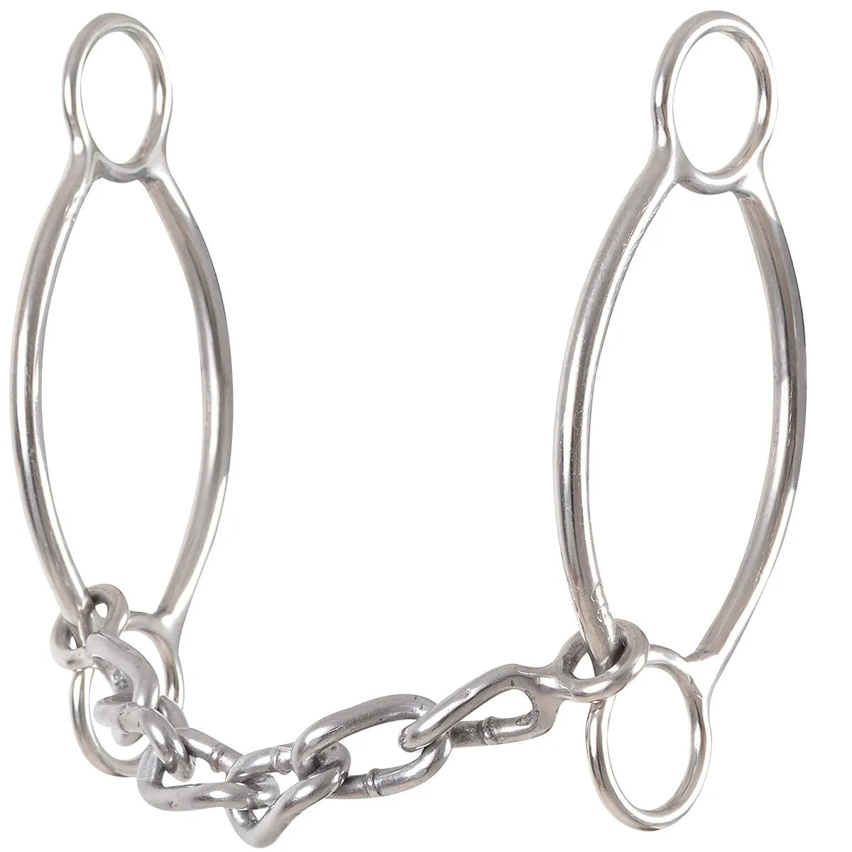 Classic Equine Goosetree Simplicity II Bit in polished silver stainless steel with a flexible chain mouthpiece and elongated teardrop cheek pieces. This professional horse performance bit is designed for clear communication and balanced control in western riding. A high-quality addition to your horse tack collection, perfect for enhancing responsiveness in training or competition.