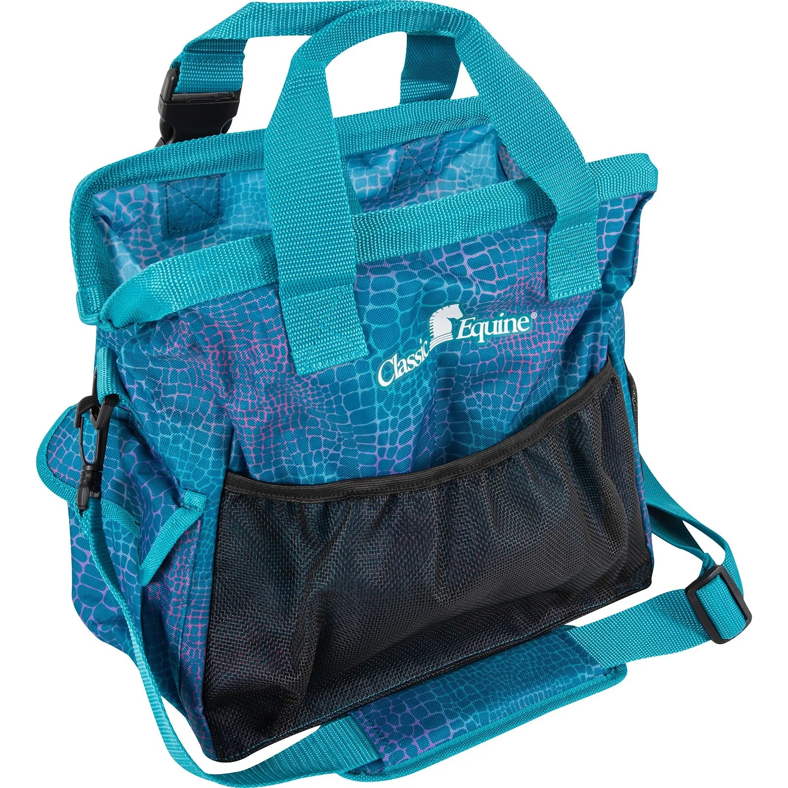 Classic Equine Groom Tote in a vibrant teal and pink snakeskin print. This portable horse grooming bag features multiple storage compartments, including a large main interior and a black mesh front pocket. It is equipped with sturdy top handles and an adjustable, padded shoulder strap for easy transport of equestrian supplies. Stylish and durable, it is the perfect organizer for brushes, sprays, and horse care essentials at the stable or horse shows.