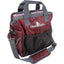 Classic Equine Groom Tote in a deep maroon burgundy with grey trim. This durable horse grooming bag features multiple mesh exterior pockets for organization, a spacious pink-lined interior, sturdy top handles, and an adjustable padded shoulder strap. Ideal for organizing equestrian supplies, brushes, and horse care essentials at the barn or show.