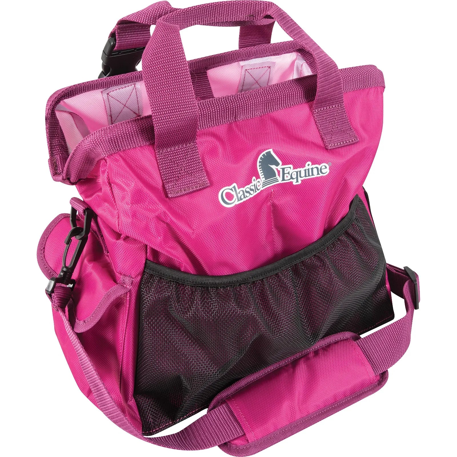 Vibrant fuchsia Classic Equine Groom Tote designed for organized equestrian storage. This durable horse grooming bag features a large mesh front pocket, side compartments, and a spacious main interior for brushes and supplies. Includes sturdy top handles and an adjustable padded shoulder strap for easy transport around the barn or at horse shows. A stylish and functional addition to any rider's tack collection, perfect for keeping grooming tools accessible and tidy.