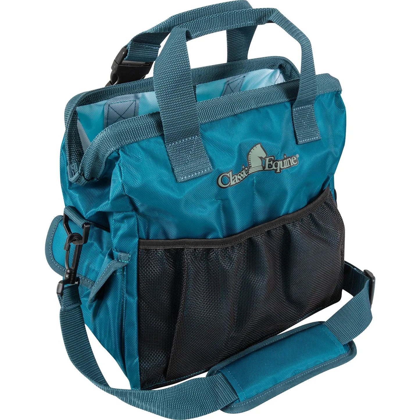 Classic Equine Groom Tote in vibrant teal, designed for durable horse grooming storage. This equestrian organizer features an open-top main compartment, multiple black mesh exterior pockets for brushes and sprays, and sturdy dual handles. Includes an adjustable, padded shoulder strap for comfortable transport to the stable or show. Perfect for keeping tack room essentials organized and easily accessible.