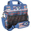 Classic Equine Groom Tote in a vibrant blue and brown Southwestern Aztec print. This equestrian grooming bag features a large front mesh pocket, dual carrying handles, and an adjustable, padded shoulder strap. Perfect for organizing horse brushes and supplies, this durable tote includes a zip-top closure and the Classic Equine logo. Stylish and functional horse grooming kit for the barn or horse shows.