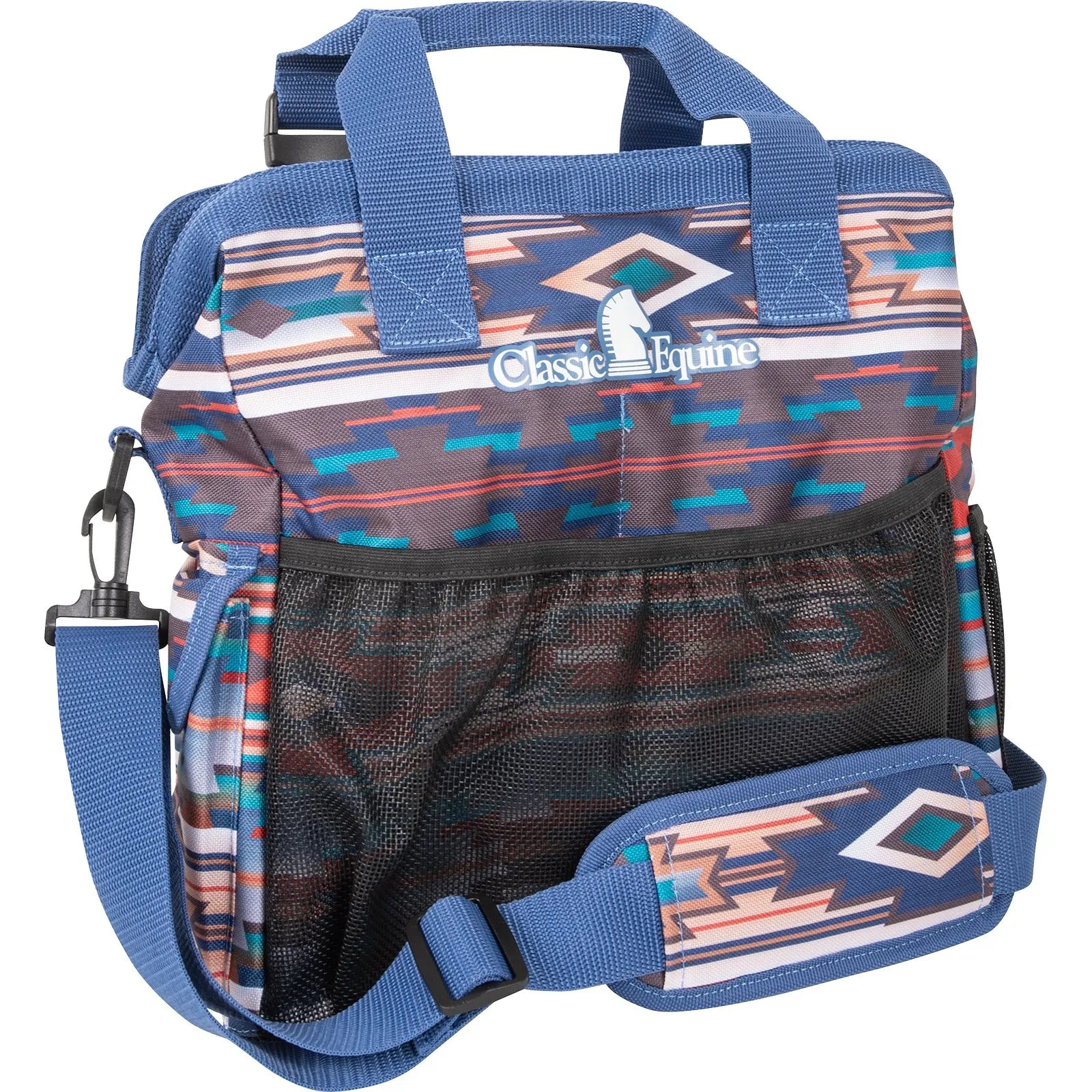 Classic Equine Groom Tote in a vibrant blue and brown Southwestern Aztec print. This equestrian grooming bag features a large front mesh pocket, dual carrying handles, and an adjustable, padded shoulder strap. Perfect for organizing horse brushes and supplies, this durable tote includes a zip-top closure and the Classic Equine logo. Stylish and functional horse grooming kit for the barn or horse shows.
