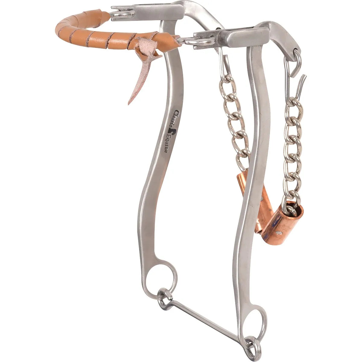 Classic Equine Hackamore featuring durable stainless steel shanks and a soft, tan leather-wrapped noseband for refined control and comfort. This bitless western bridle includes a metal curb chain with a copper roller to encourage relaxation and salivation. Designed for high-performance horse training and communication, this premium horse tack offers a professional look and feel for riders seeking an effective alternative to a traditional bit.