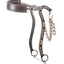 Classic Equine Hackamore featuring a premium dark brown leather noseband with white contrast stitching. This bitless horse control system includes curved metal shanks adorned with ornate silver and copper floral engravings. Complete with a stainless steel curb chain and stabilizer bar, this Western equestrian gear offers gentle communication and style for horse training, trail riding, or competition.