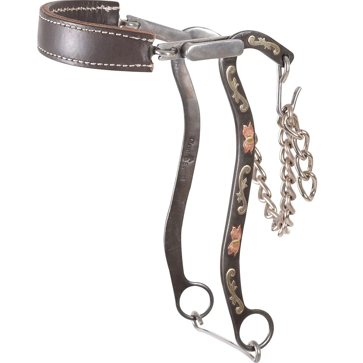 Classic Equine Hackamore featuring a premium dark brown leather noseband with white contrast stitching. This bitless horse control system includes curved metal shanks adorned with ornate silver and copper floral engravings. Complete with a stainless steel curb chain and stabilizer bar, this Western equestrian gear offers gentle communication and style for horse training, trail riding, or competition.