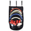Classic Equine Hanging Rope Organizer for organized tack room storage. This black mesh hanging bag features pockets for up to 18 ropes, shown holding coiled red, cream, and blue lariats. Three adjustable straps with silver clips allow for easy hanging in horse trailers or barns. The bottom mesh pockets provide extra storage for red horse boots, white riding gloves, and roper wrap accessories. An essential space-saving solution for western riders and ranch gear organization.