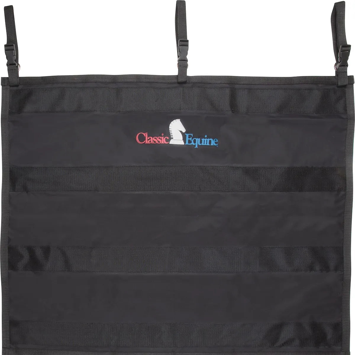 Classic Equine Hanging Wash Rack in black nylon, designed to simplify horse boot cleaning and organization. This durable equestrian accessory features three adjustable buckle straps for easy hanging and multiple horizontal hook-and-loop strips to securely hold splint boots, bell boots, and leg wraps. A must-have barn essential for keeping your horse gear clean, dry, and organized.