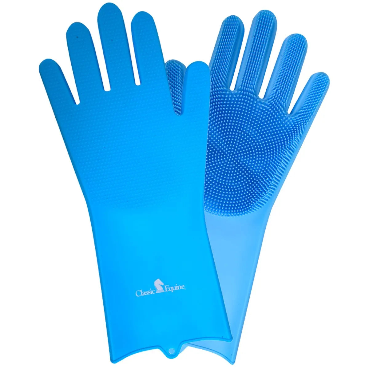 Classic Equine Horse Grooming Wash Gloves in bright blue, featuring waterproof silicone and gentle scrubbing bristles on the palms and fingers. Perfect for deep cleaning, massaging, and deshedding horses or pets, these durable gloves provide a superior grip and protect your hands during bath time. An essential, high-quality equestrian tool for a clean, shiny coat and stress-free grooming sessions.