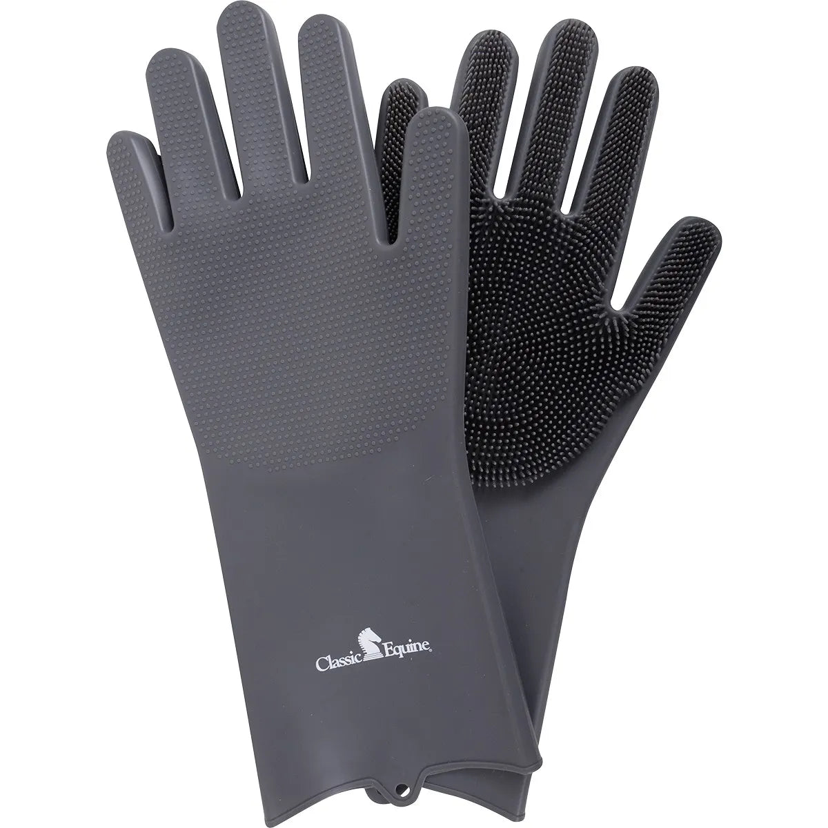Classic Equine Horse Grooming Wash Gloves in sleek charcoal gray. These waterproof silicone gloves feature dense, gentle scrubbing bristles on the palms and fingers, perfect for bathing, massaging, and deshedding horses. Designed with long protective cuffs to keep arms dry and a textured exterior for a secure grip. Essential horse wash accessory for deep cleaning coats and skin while providing a soothing massage. Features a white Classic Equine logo.