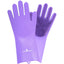 Purple Classic Equine Horse Grooming Wash Gloves crafted from durable, waterproof silicone. The palms and fingers are covered in long, flexible scrubbing bristles for deep lathering and cleaning, while the back features shorter nubs for gentle massaging. These long-cuff equine grooming tools are designed to keep hands dry while effectively removing dirt and mud from a horse's coat, making them a must-have for every equestrian's grooming kit.