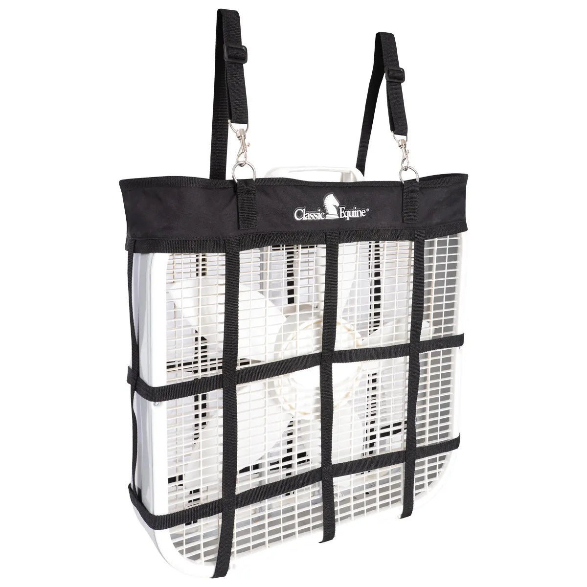 Classic Equine Horse Lightweight Portable Fan Bag in black, holding a standard white box fan. This durable fan holder features heavy-duty nylon webbing in a grid pattern and two adjustable hanging straps with sturdy metal snap hooks for easy mounting in horse stalls or trailers. The top solid border displays the white Classic Equine logo. A must-have equestrian accessory for keeping horses cool and comfortable during summer shows or at the stable.