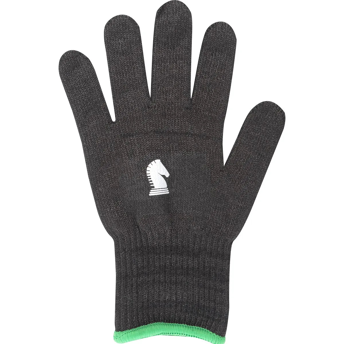 Classic Equine Insulated Barn Gloves in black knit, featuring a white horse head logo and bright green wrist trim. Designed for cold weather protection and durable horse riding performance, these equestrian gloves are ideal for barn chores and winter warmth. Stay cozy and stylish while working in the stable or riding.