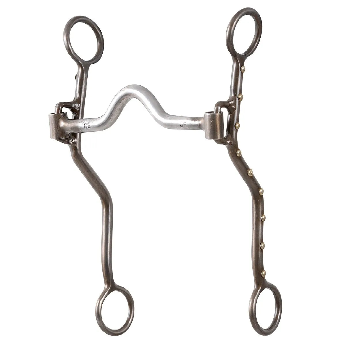 Classic Equine Joe Beaver 7.5" Low Port Bit for western riding. This professional horse bit features curved brushed steel shanks accented with decorative silver dots. The low port mouthpiece provides comfort and control, stamped with CE and JB initials. Perfect for performance horse training, this curb bit offers a sleek, antique finish designed for balanced communication between horse and rider. Ideal for high-quality horse tack collections and competition.